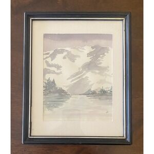 Framed Water Color Landscape Snowy Mountains Stream Signed rdd